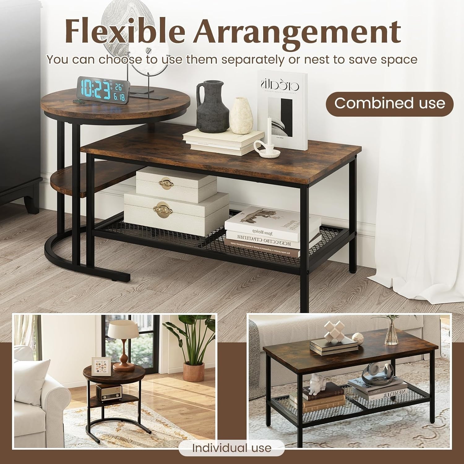 Nesting Coffee Table Set 2PCS Black Rustic Brown Faux Marble End Tables