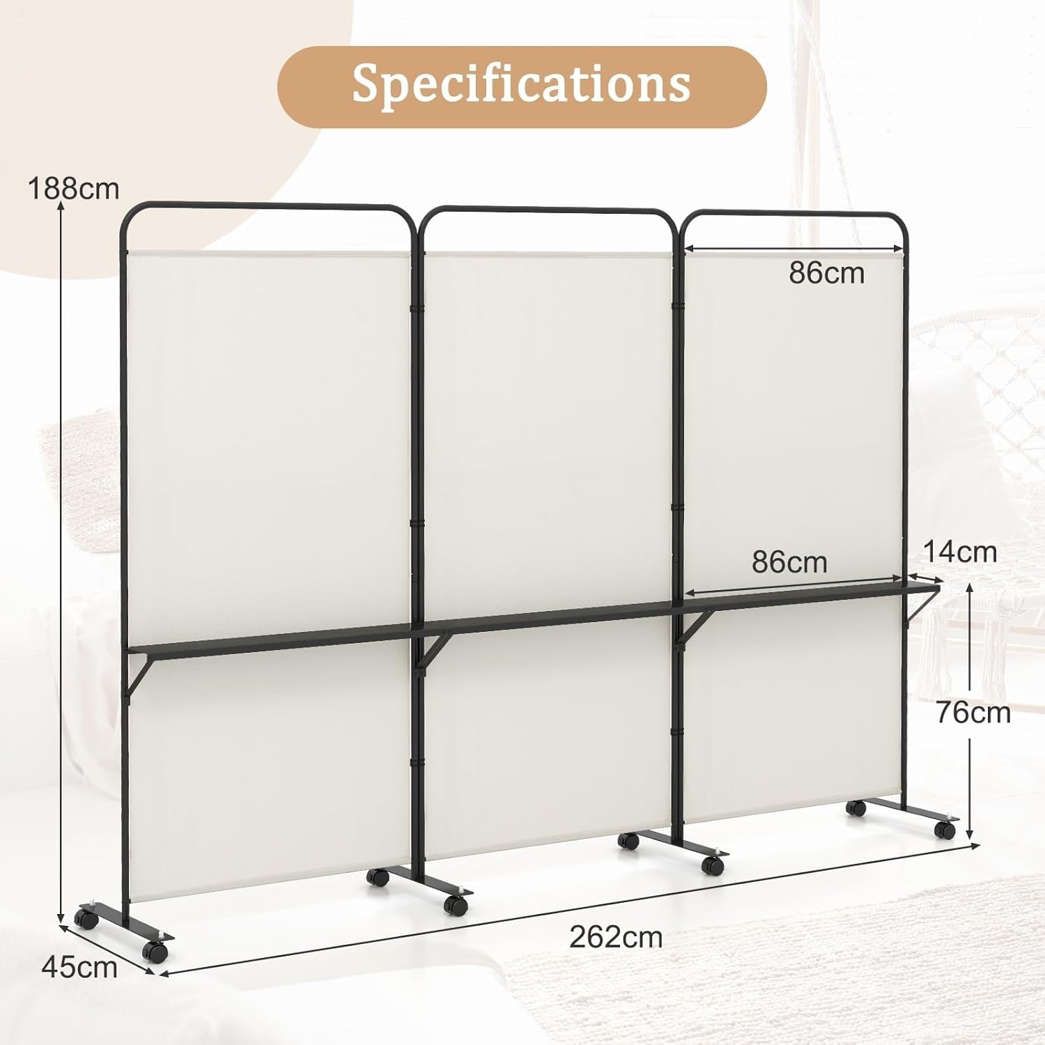 3 Panel White Folding Room Divider with Shelves & Wheels Privacy Screen 188cm