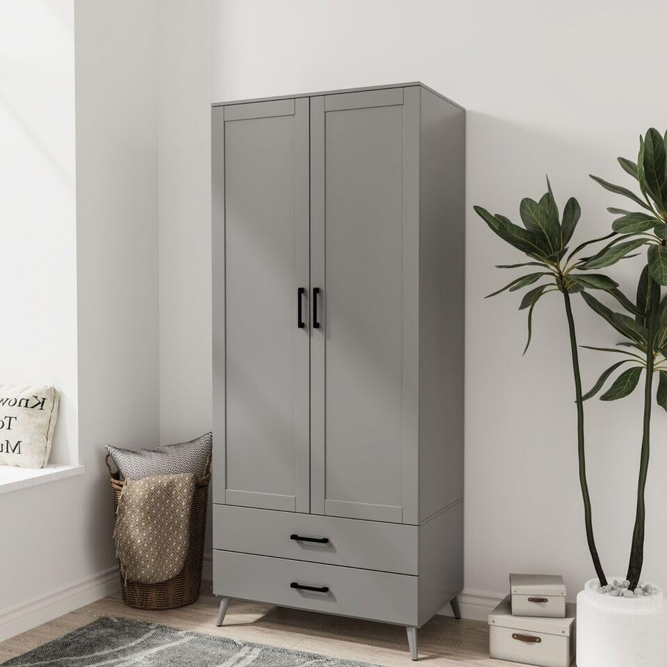 Modern Grey Wardrobe 2 Door 2 Drawer Bedroom Storage Cupboard Unit