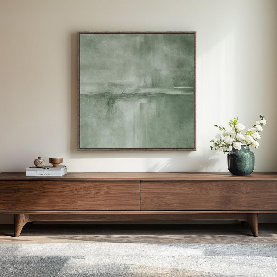 Framed Sage Green Abstract Wall Art 30x30in Modern Canvas Print