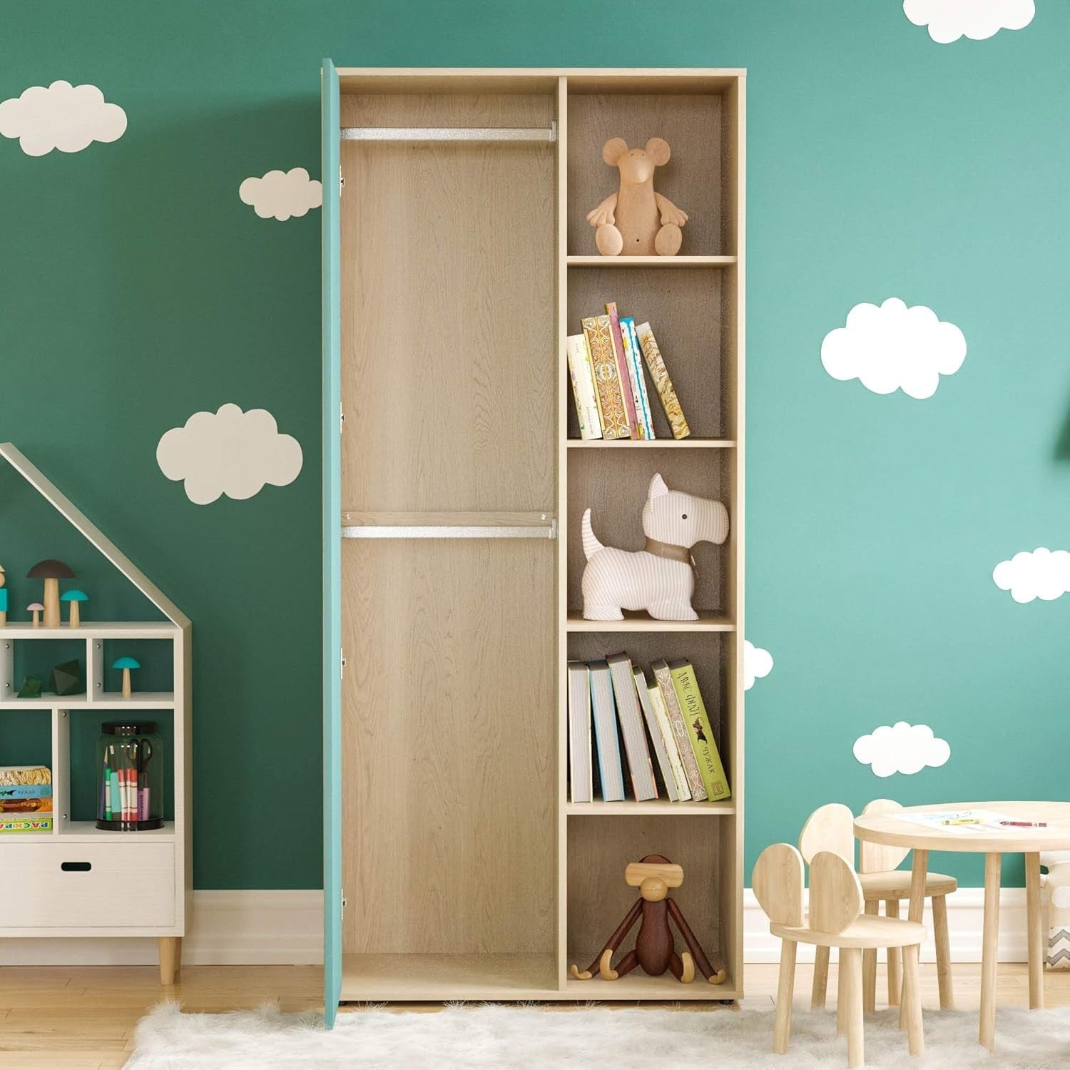 Children’s Wardrobe with Shelves & Rail, Blue Oak Kids Storage Cabinet