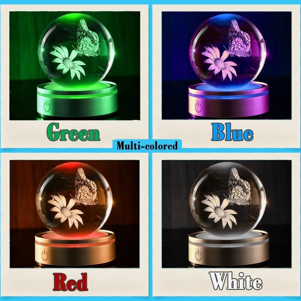 3D Butterfly Crystal Ball LED Light • Laser Etched Globe Ornament