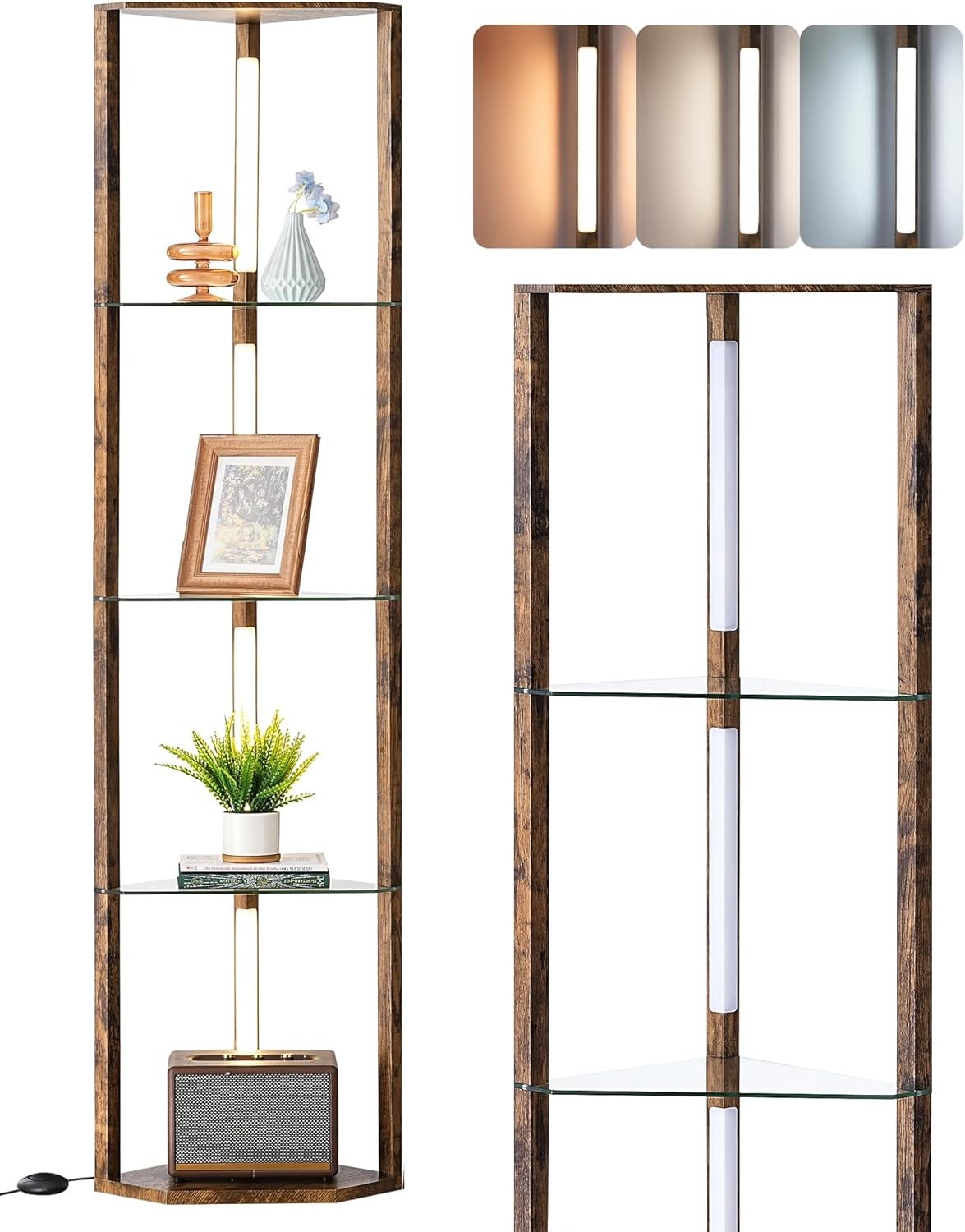 LED Floor Lamp with Glass Shelves Dimmable Corner Standing Display Light