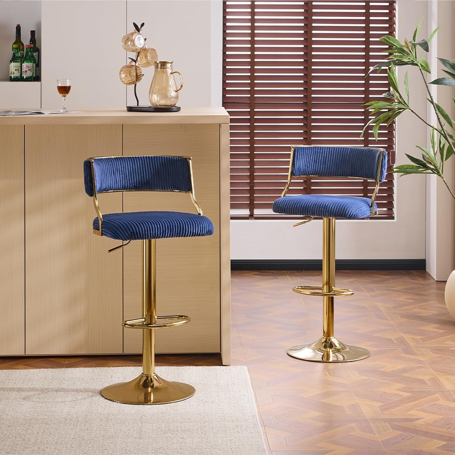 Blue Corduroy Adjustable Swivel Bar Stools Set of 2 with Back