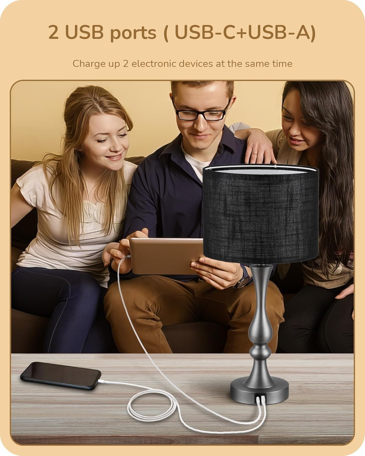 Dimmable Touch Table Lamps Set of 2 USB Charging Black Linen Shade