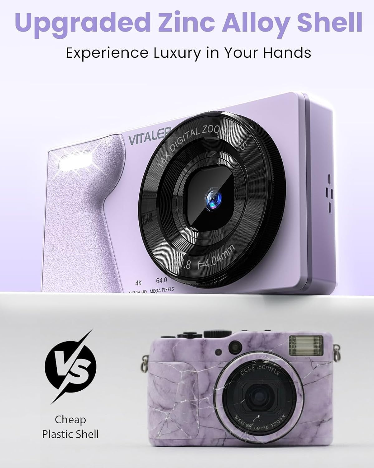 4K 64MP Digital Camera Dual Lens Compact Camera 18X Zoom Purple USB-C