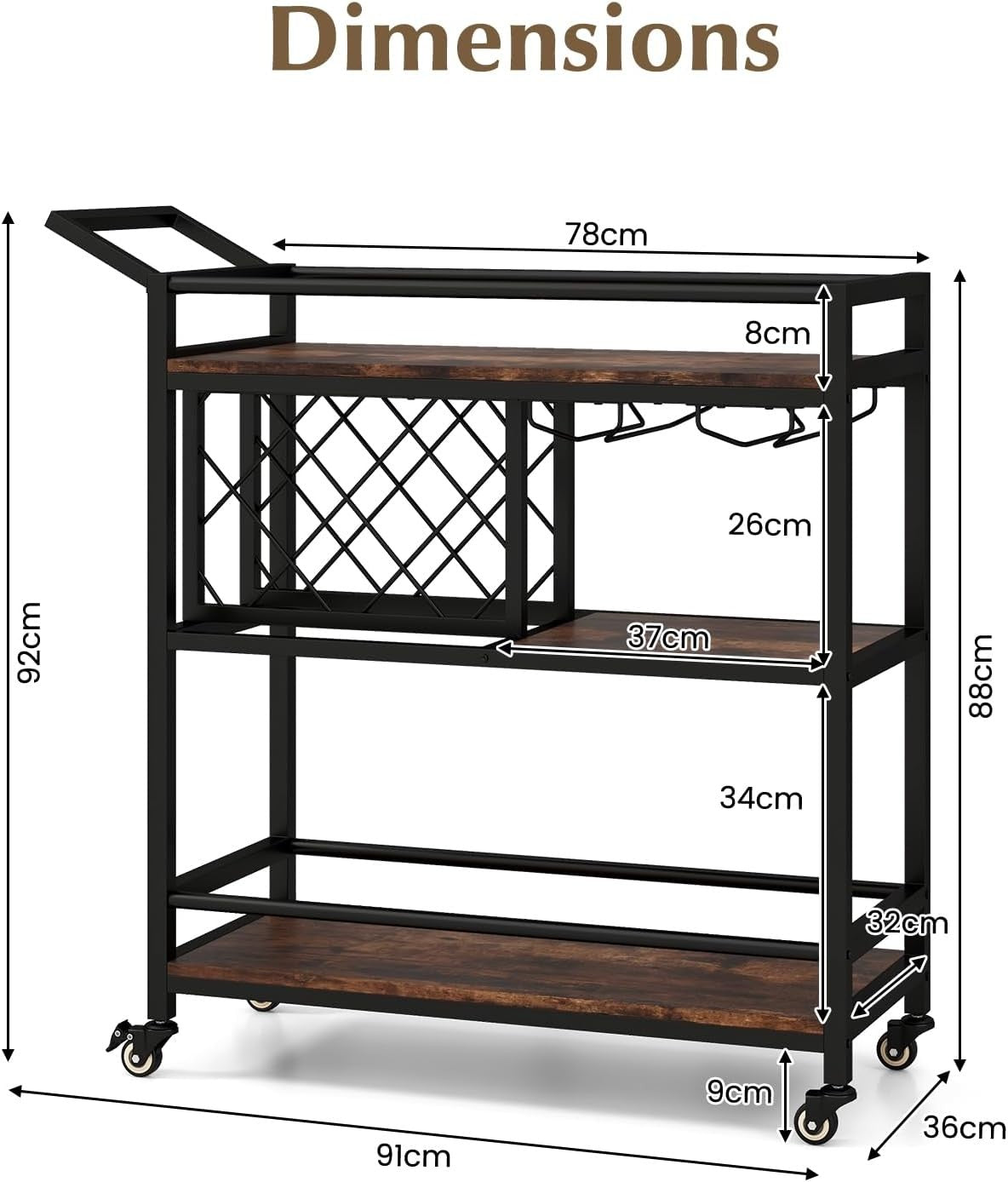 3 Tier Rolling Serving Cart Drinks Trolley Wine Rack Glass Holder on Wheels
