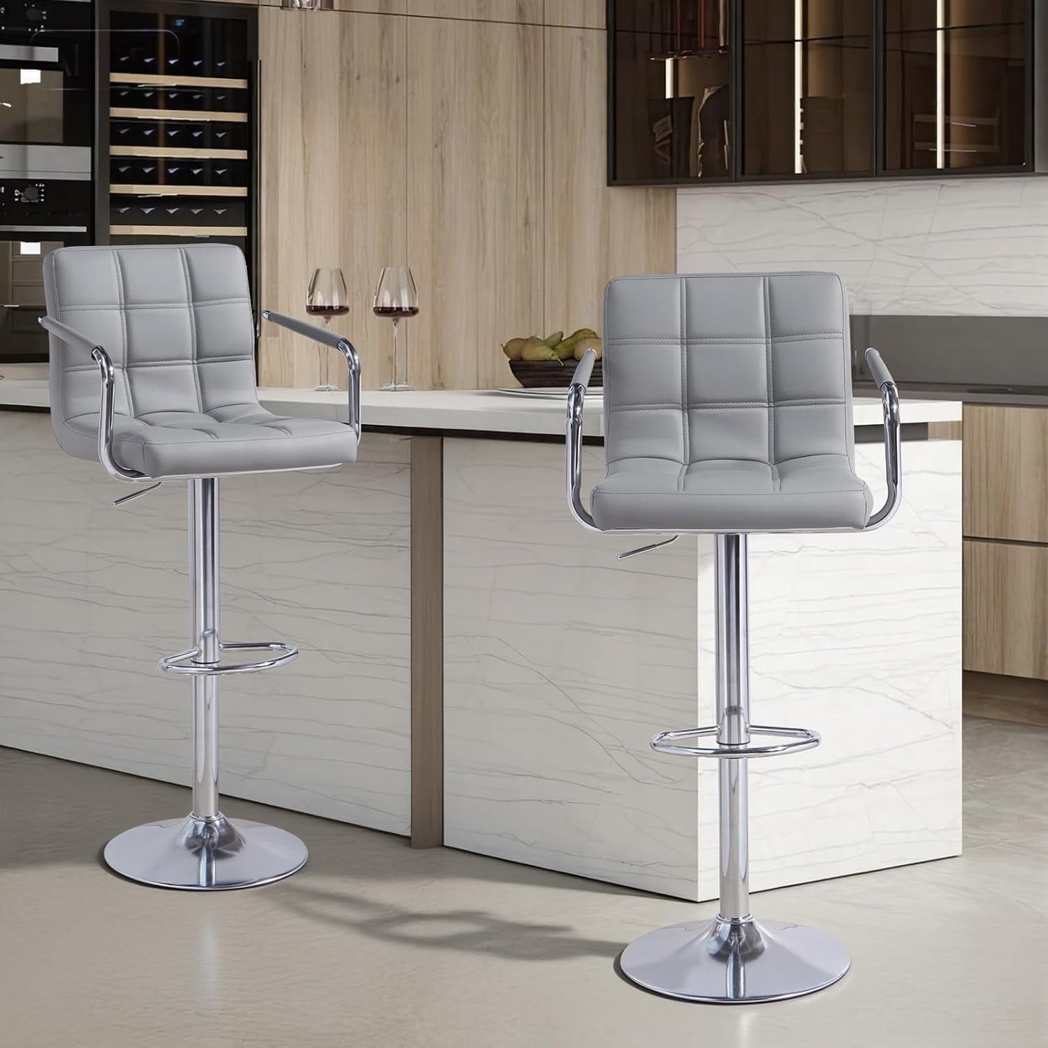Grey PU Leather Bar Stool Adjustable Height 360° Swivel with Armrest
