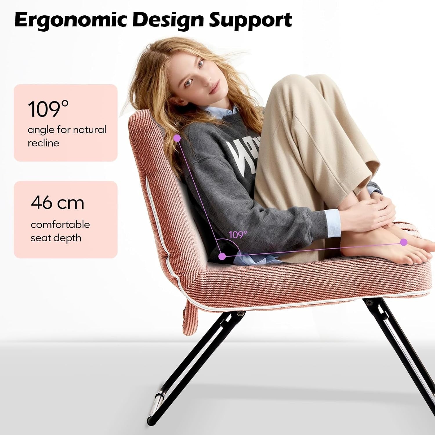 Folding Accent Chair Corduroy Lounge Seat Metal Legs Pink