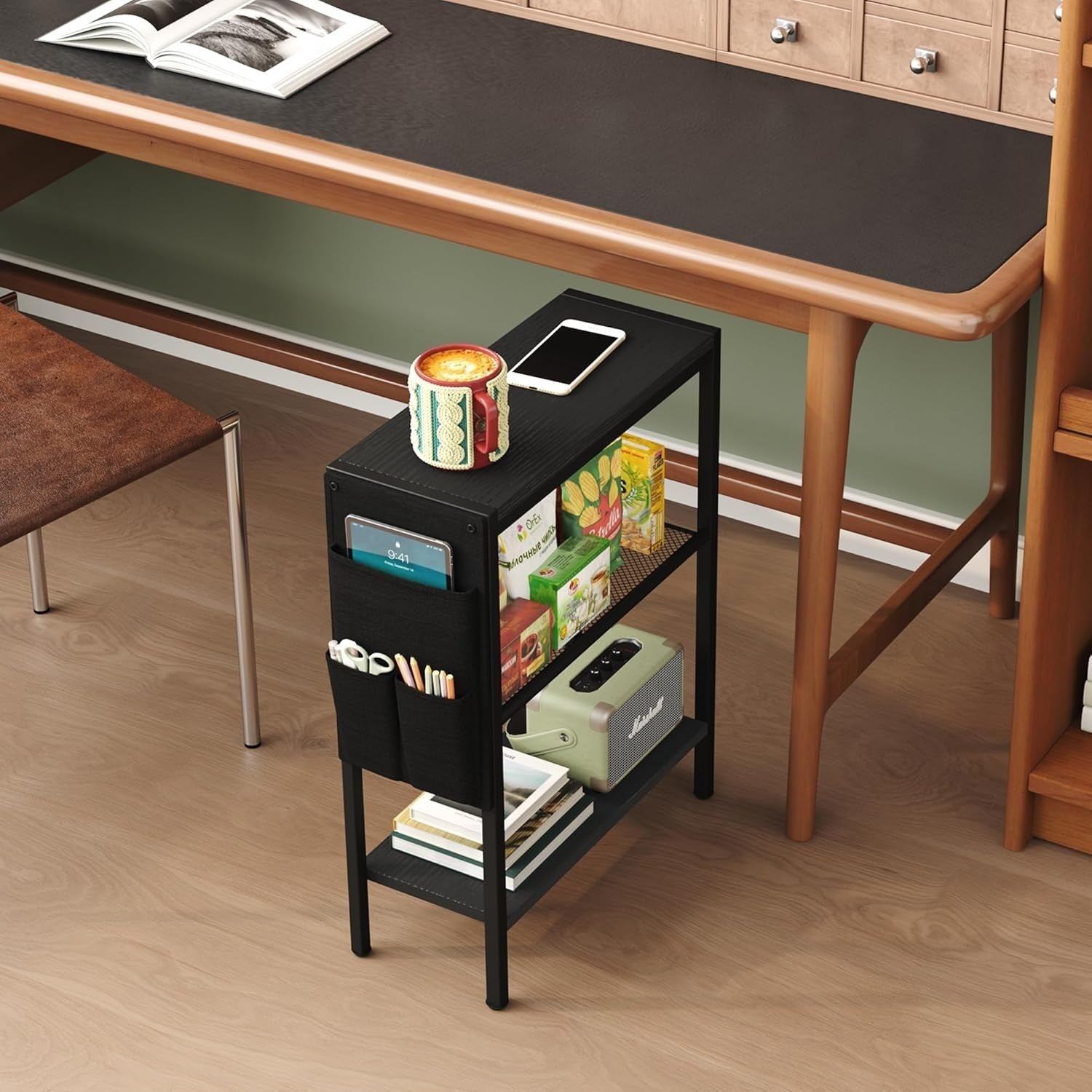 Slim 3-Tier Side Table with Storage Bag – Narrow Black Bedside Sofa Table