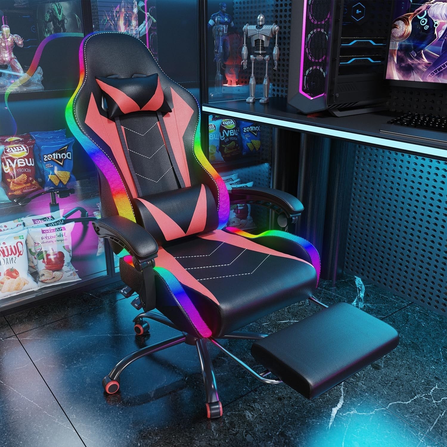 Gaming Chair Red LED High Back Reclining PU Leather Office Racing Seat Massage