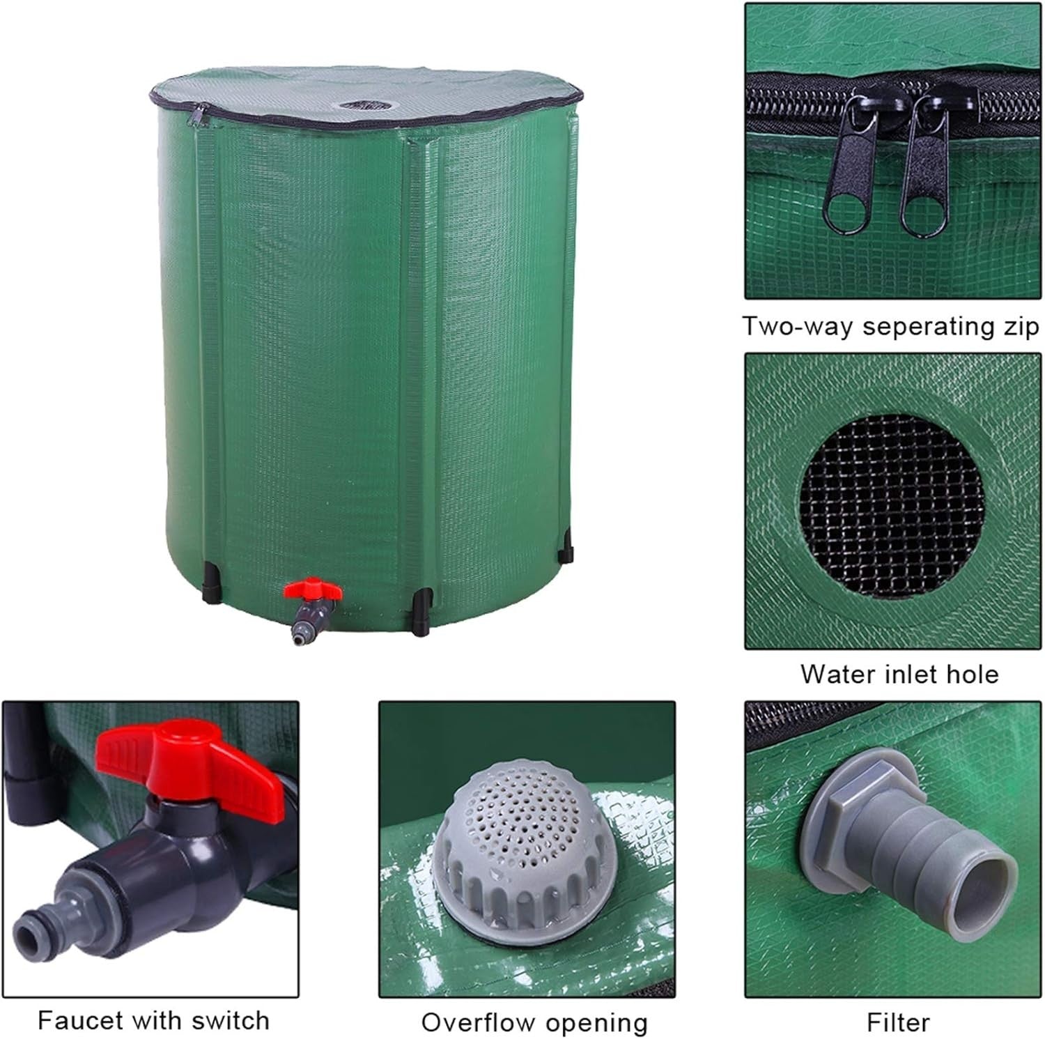 Collapsible 50 Gallon Portable Rain Barrel Water Butt with Tap & Filter Kit