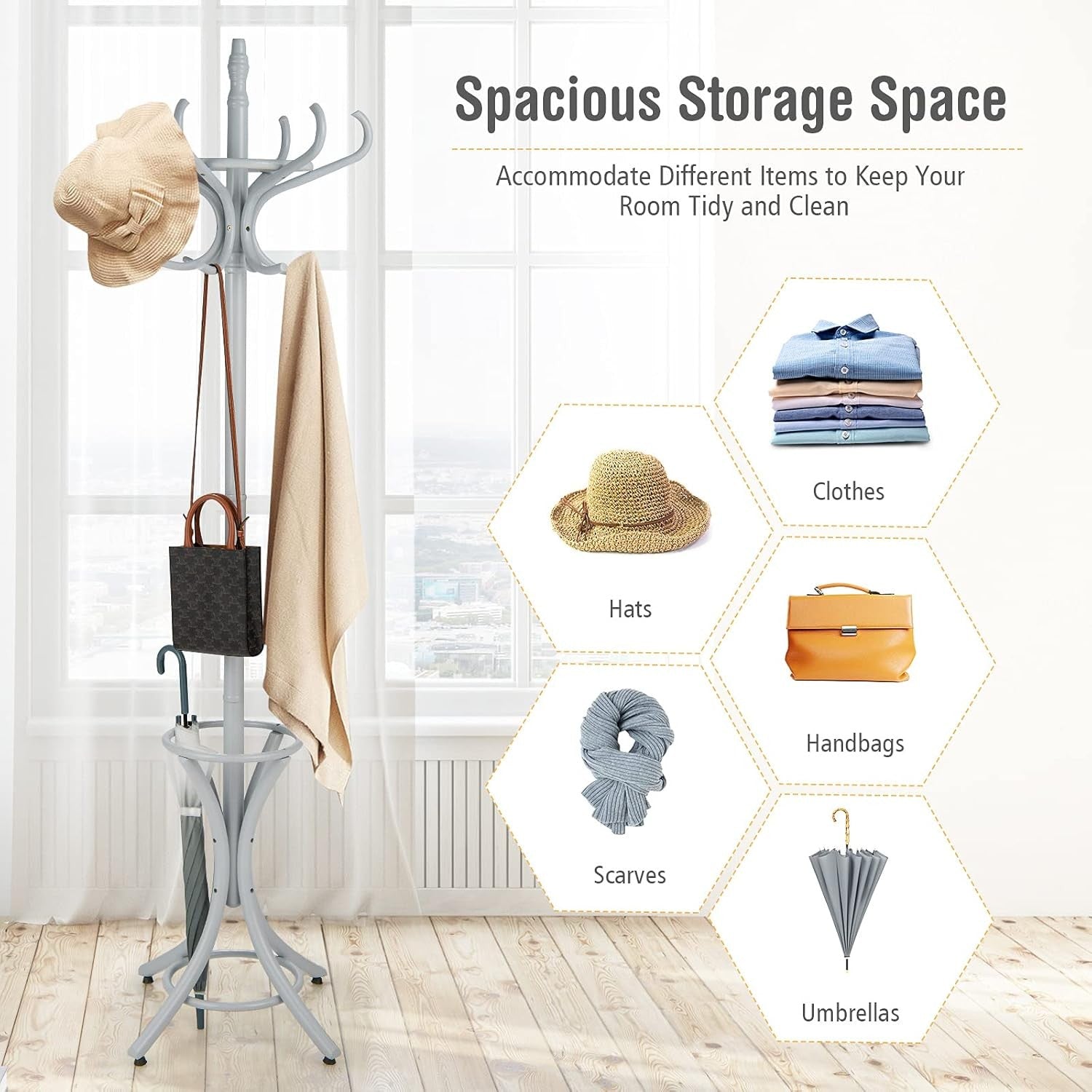 Wooden Coat Rack Stand 12 Hooks & Umbrella Holder | 75.5” Freestanding Hall Tree