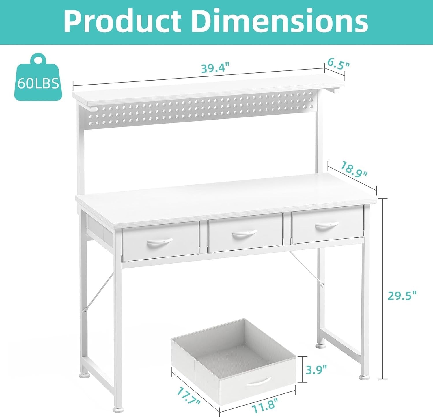 White Gaming Desk 110cm with LED Lights, Pegboard & 3 Storage Drawers