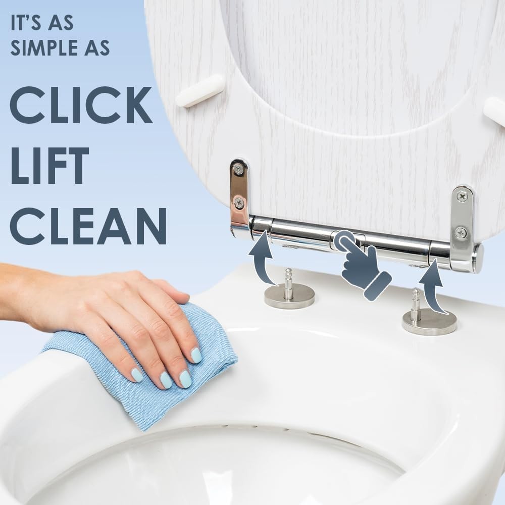 White Oak Effect Toilet Seat Soft Close MDF Quick Release Easy Clean 42x36cm