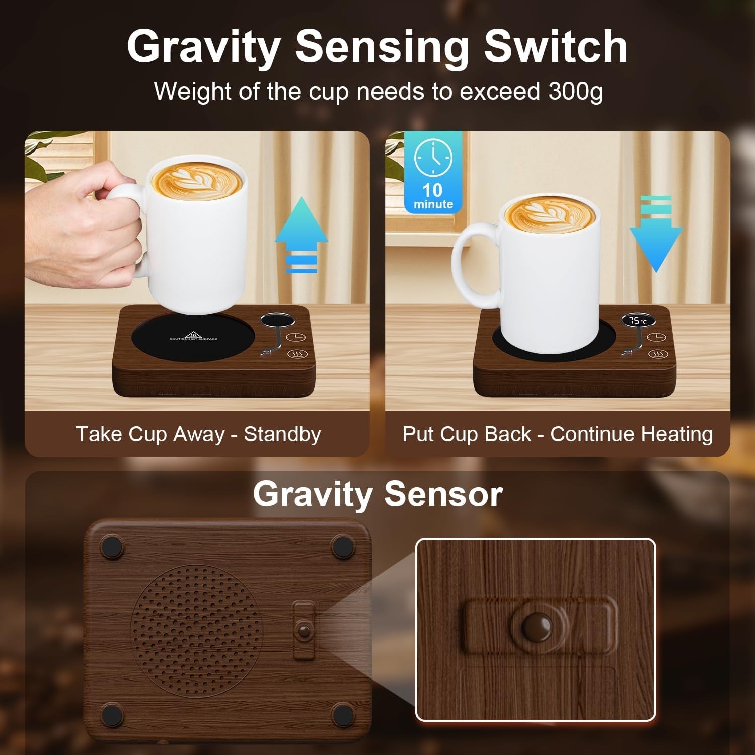 Smart Coffee Mug Warmer – Desk Beverage Heater, Black & Wood