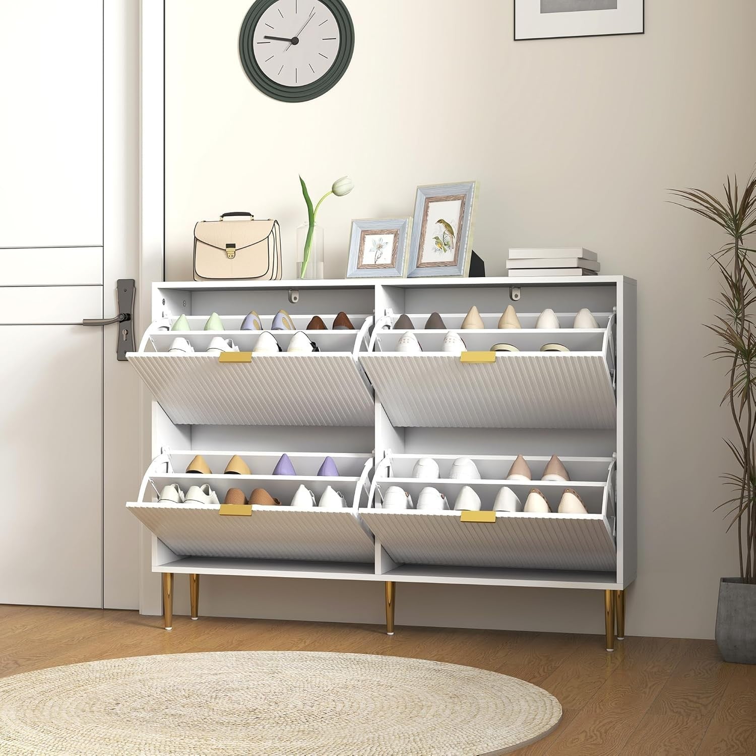 Slim 4 Drawer Shoe Cabinet – Fluted Doors, Adjustable Shelves, Space-Saving