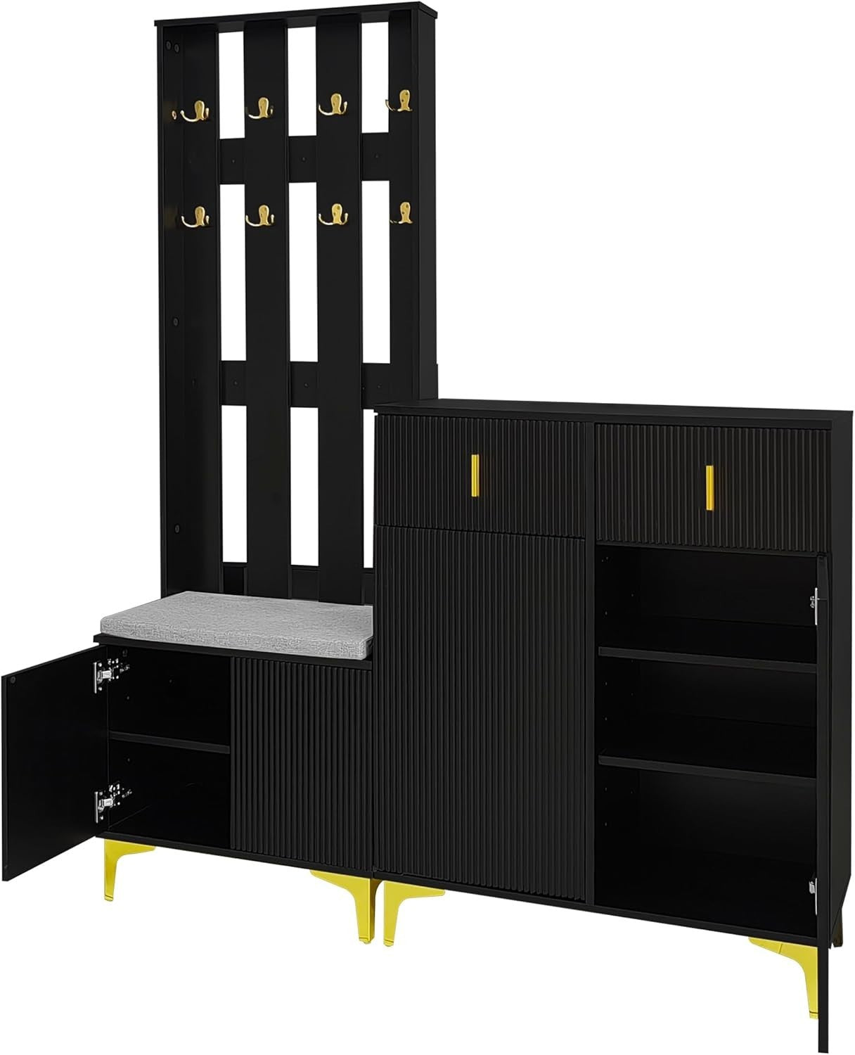Modern Hallway Coat Rack & Shoe Storage Bench with Cushioned Seat – Black