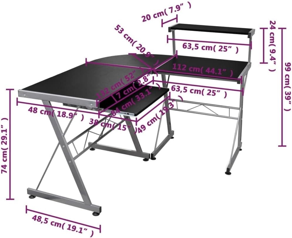 Black L-Shaped Corner Computer Desk 132cm W/Keyboard Tray & Shelf Office Table