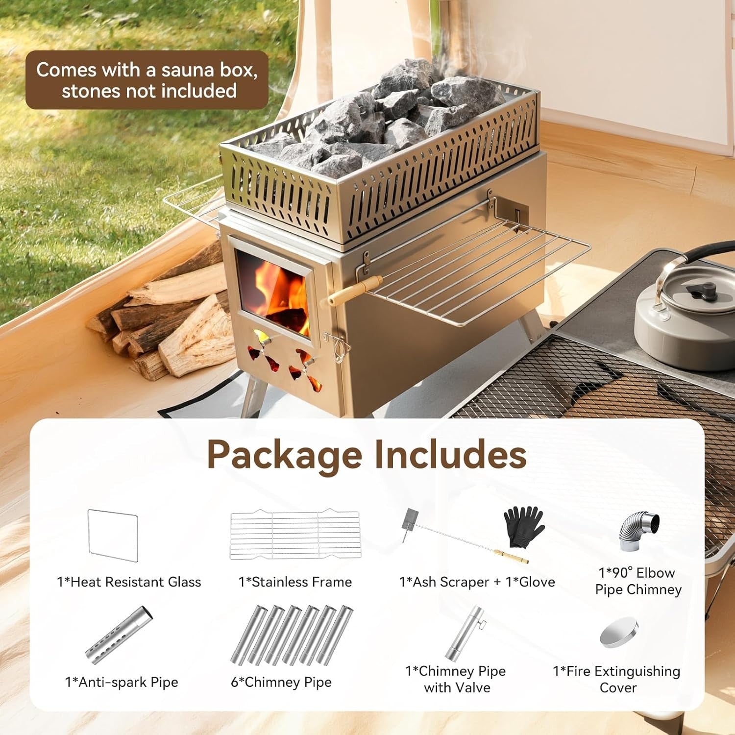 Rocket Sauna Hot Tent Stove w/ 8 Chimney Pipes – Portable Outdoor Heating & Cook