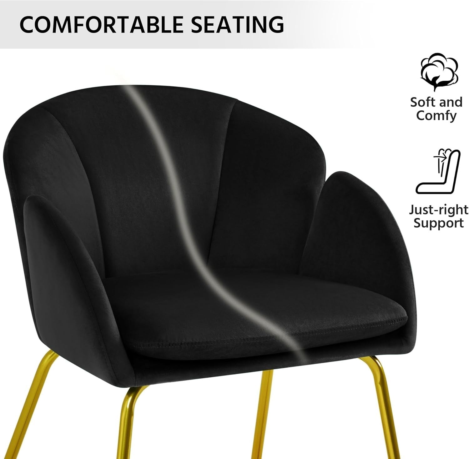 Black Velvet Tub Vanity Chair Modern Petal Accent Armchair with Gold Legs