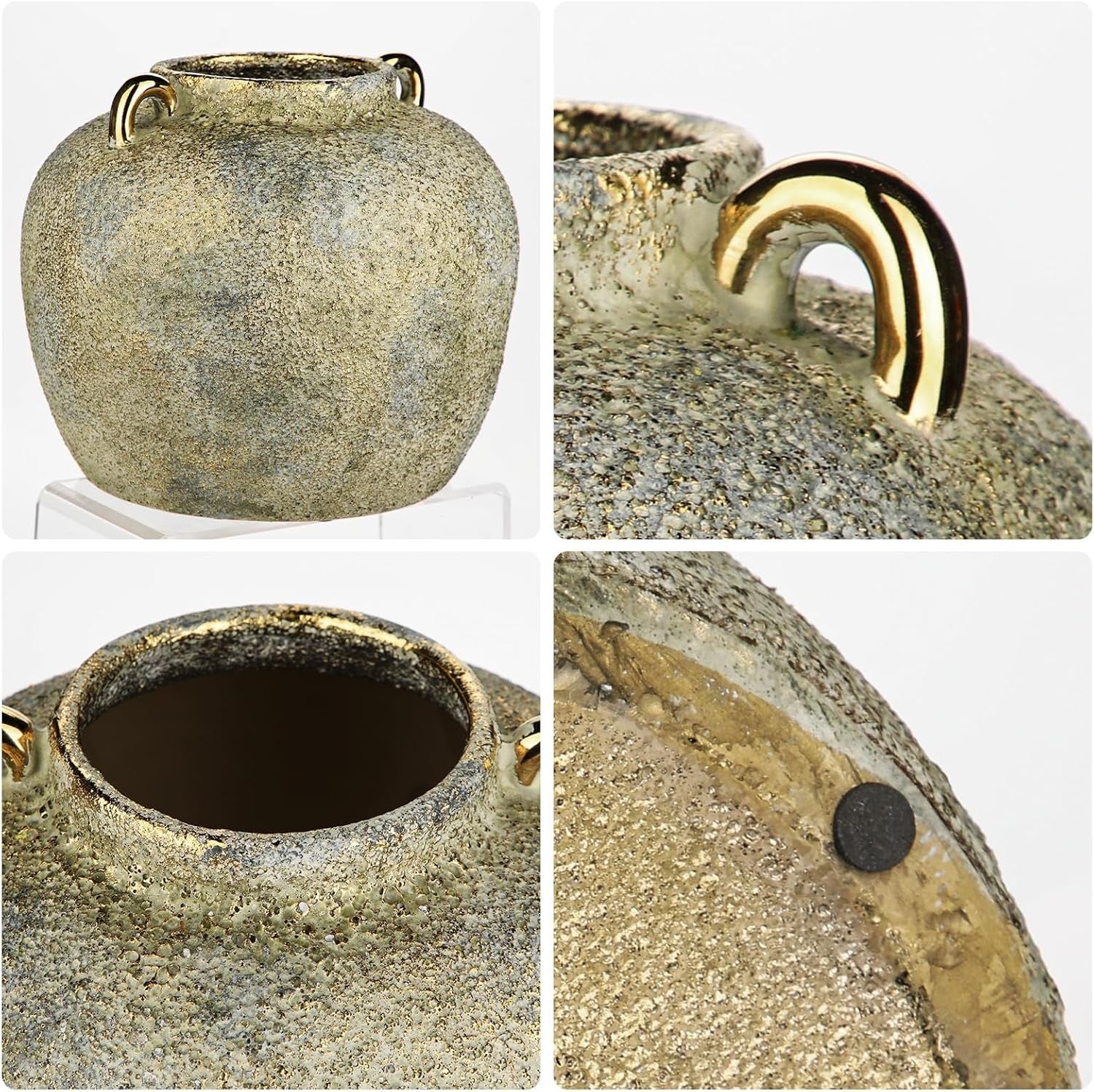 Rustic Gold Ceramic Vase 20cm with Handles Farmhouse Pampas