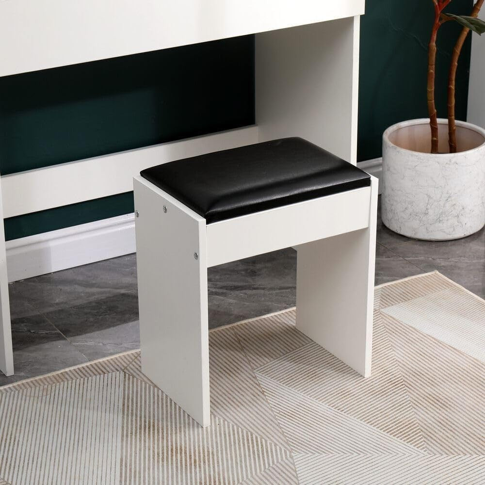 White Modern Dressing Table Vanity Desk with LED Mirror & Tuck-Under Stool