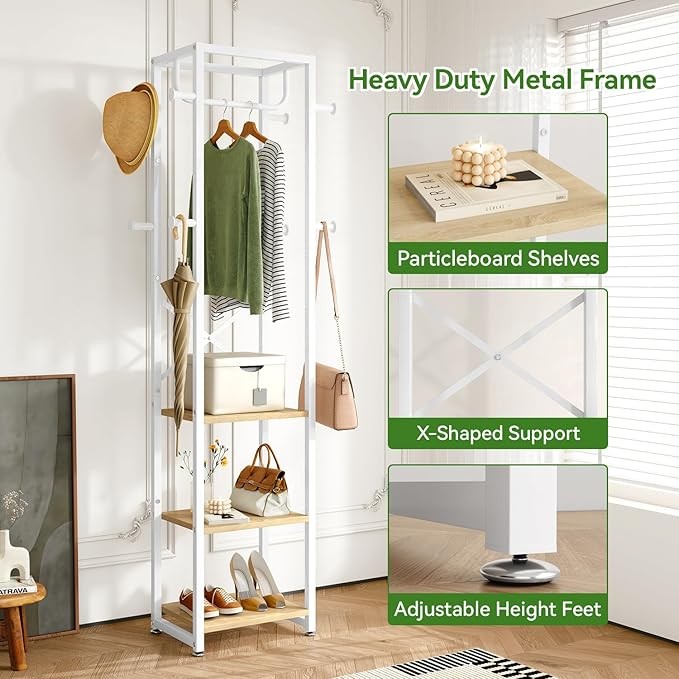 Freestanding Coat Rack with Shelves & Hooks Entryway Storage Stand 180cm