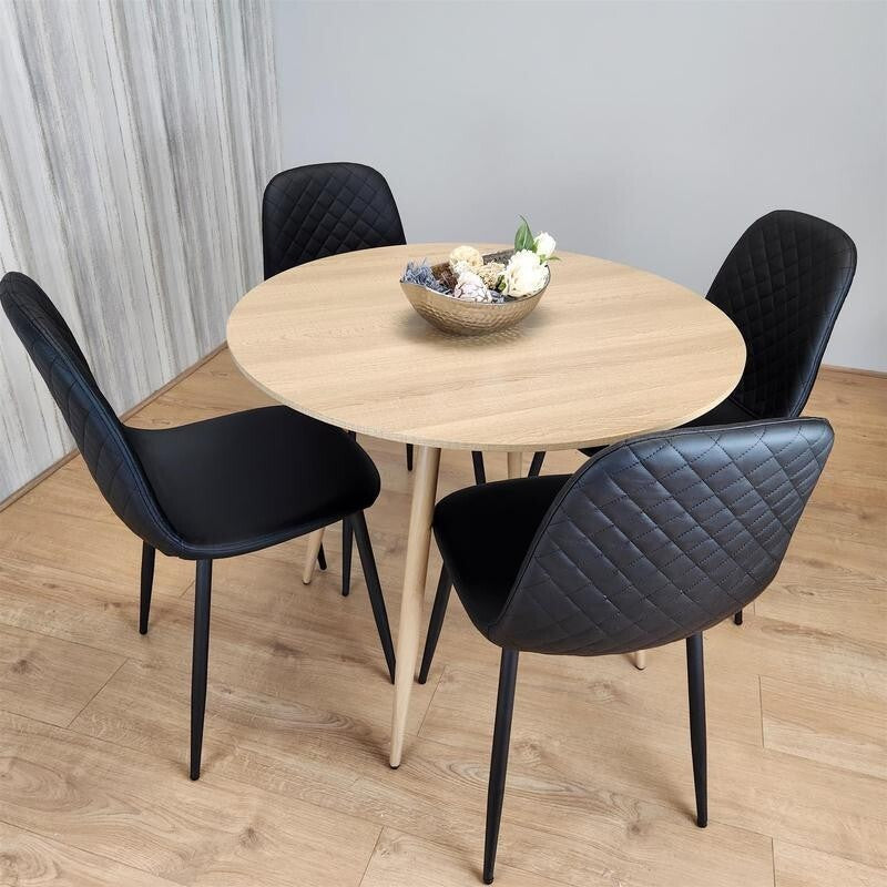 Round Oak Dining Table Set with 4 Quilted Chairs Kitchen Room Modern