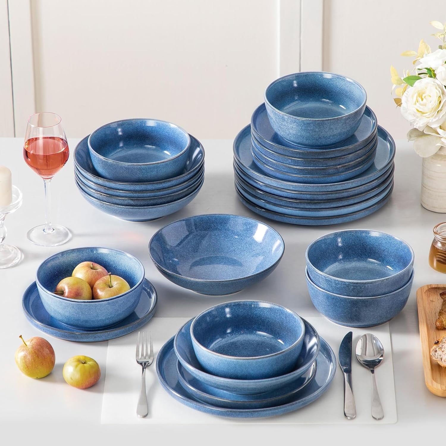 24pc Ceramic Dinner Set Blue Plates Bowls Microwave Dishwasher Safe