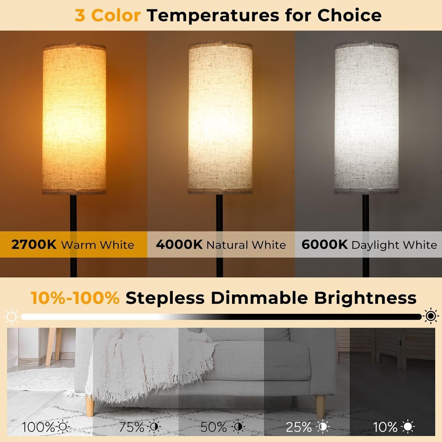 Dimmable Floor Lamp Beige Linen Shade Remote Foot Switch Modern Standing Light