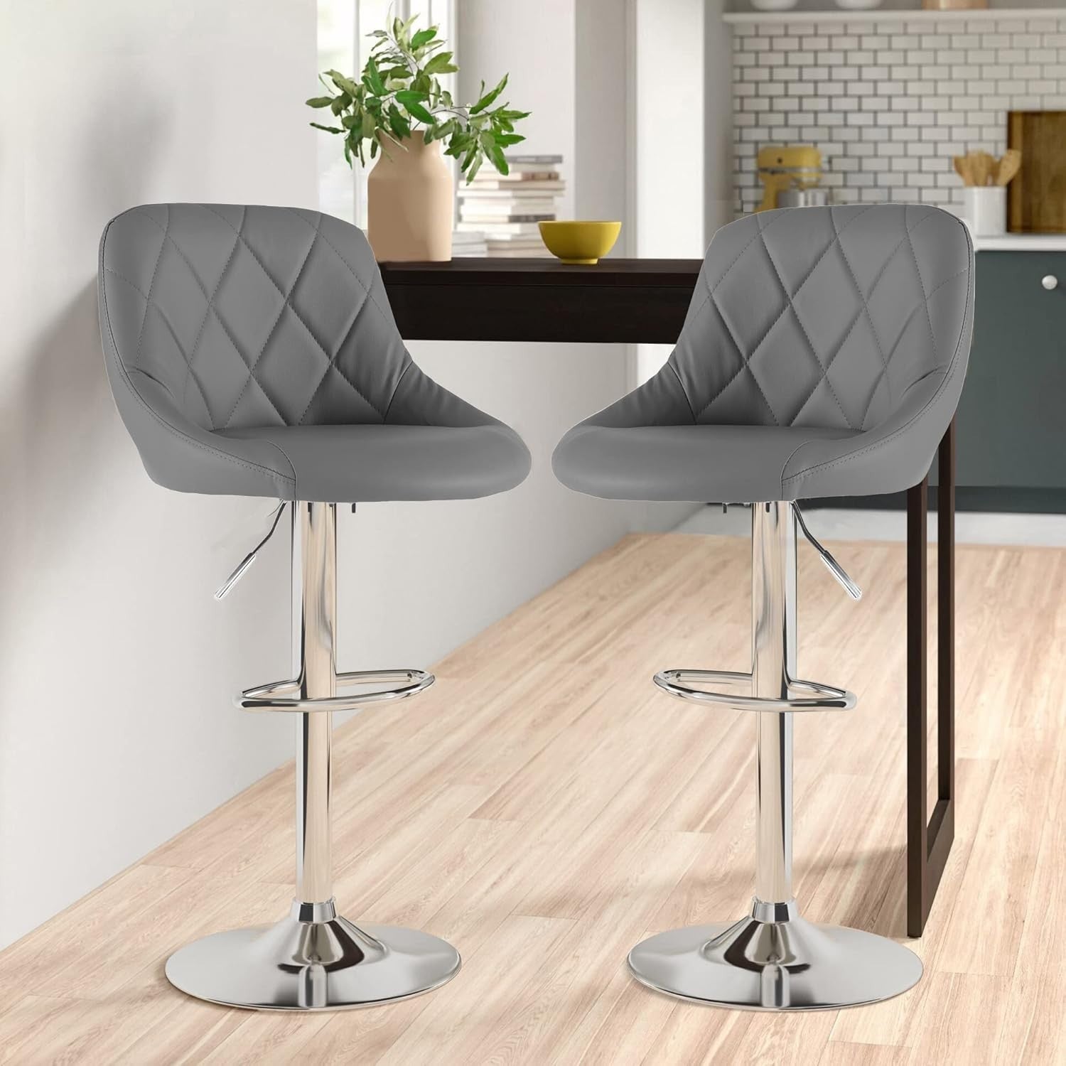 Dark Grey Faux Leather Adjustable Swivel Bar Stools Set of 2 Chrome