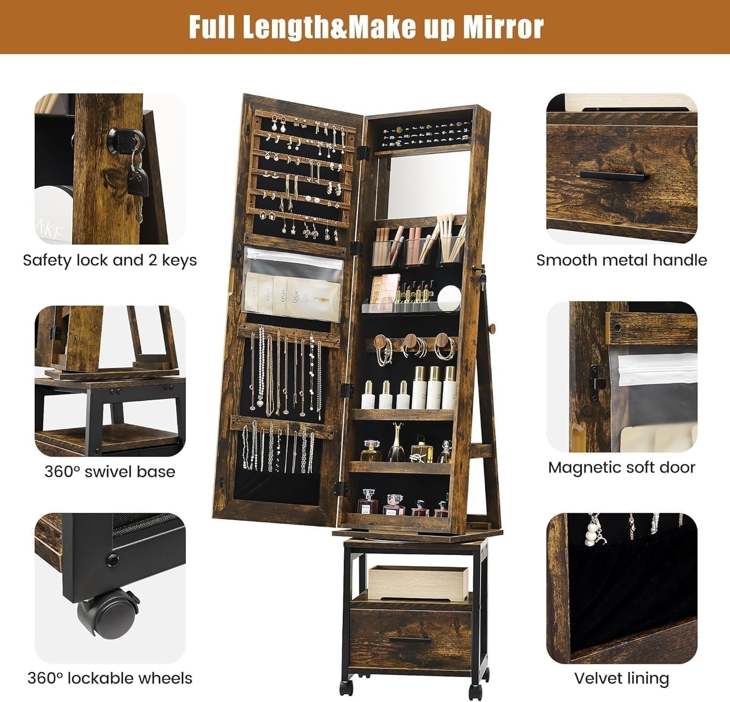 Rustic Brown 4 in 1 Rotating Jewellery Cabinet Full Length Mirror