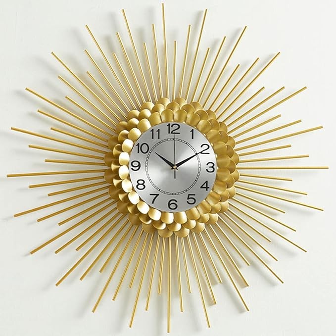 Luxury Sunburst Wall Clock 60cm Modern Metal Gold Silent Large Home Decor