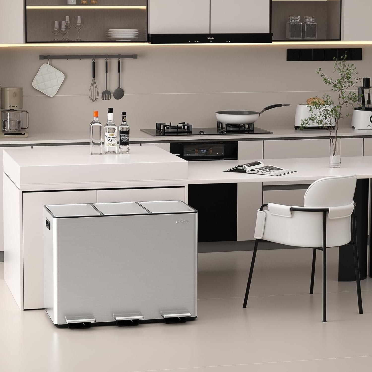 45L Triple Kitchen Recycling Bin 3x15L Stainless Steel Pedal Lid