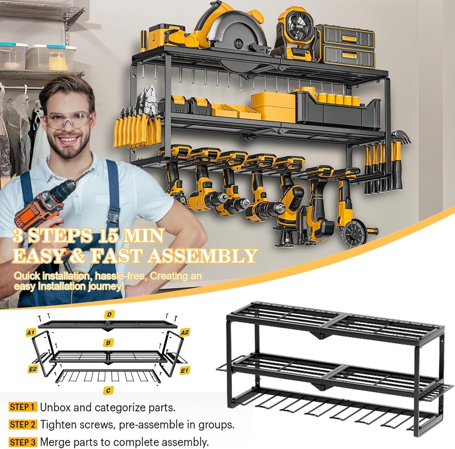 Wall Mount Power Tool Organizer 7 Drill Holders 3 Layers – 150Lbs Load
