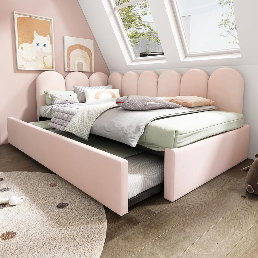 3FT Pink Velvet Pull Out Daybed Sofa Bed Guest Trundle Kids Girls Room