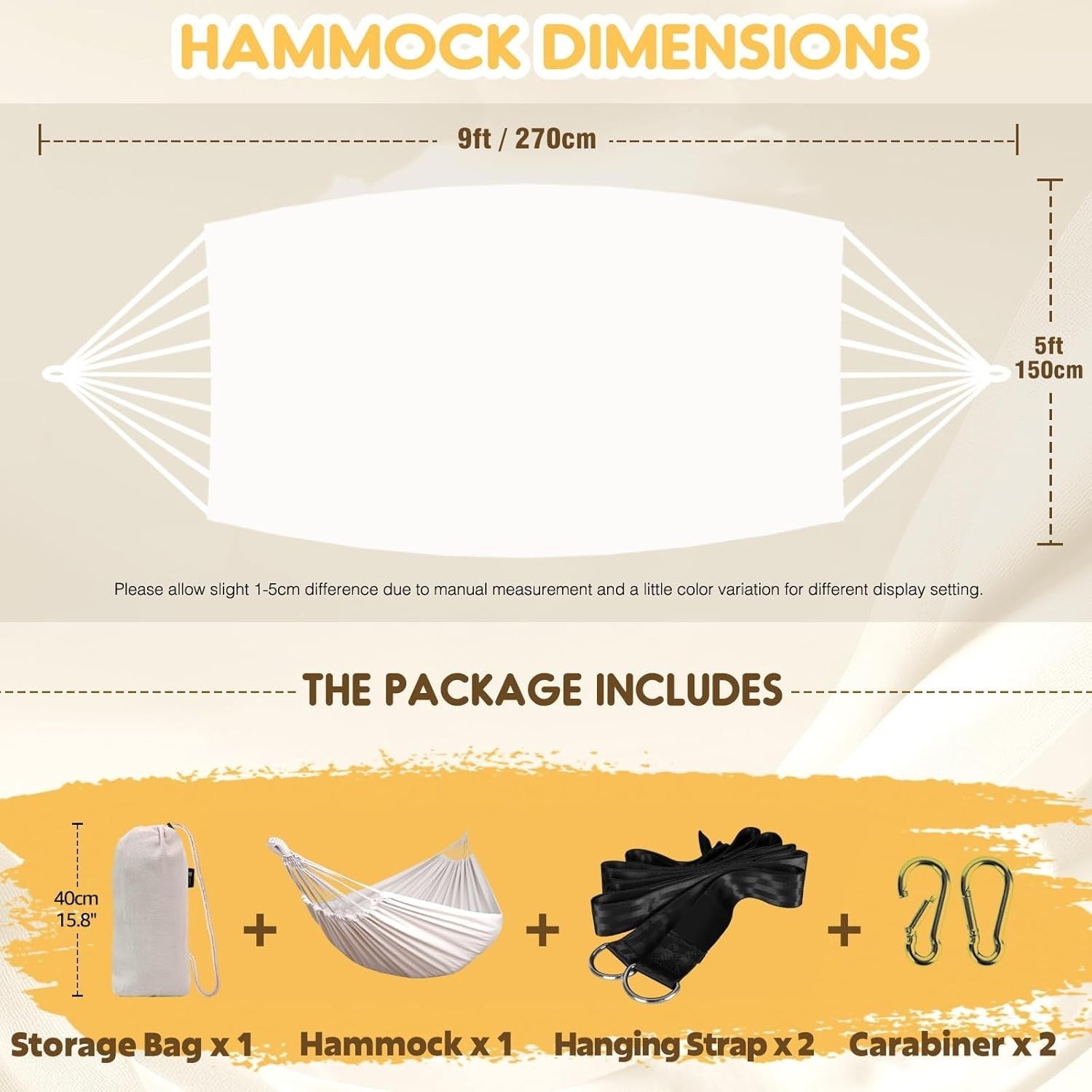 Portable Cotton Hammock with Tree Straps & Travel Bag, 1 Person, 300kg