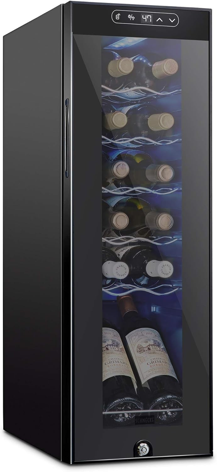 12 Bottle Wine Cooler Fridge Compressor Digital Temp Lock Black Freestanding