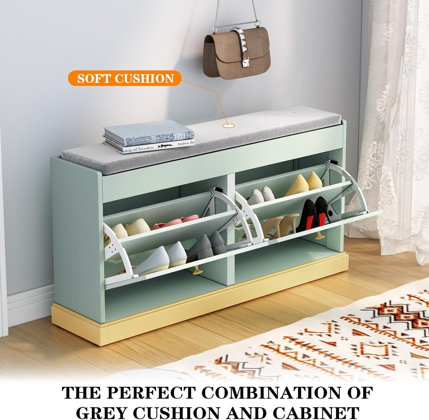 Green Shoe Bench with Cushion & Flip Drawer Hallway Storage 99.6x27.2x49.5cm