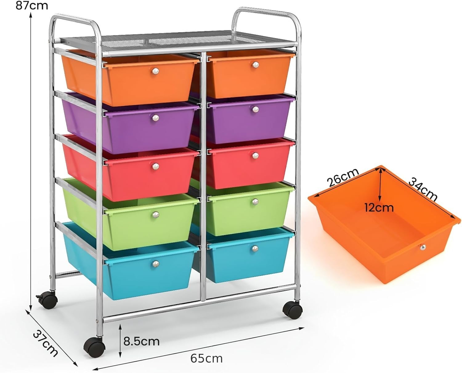 10 Drawer Rolling Storage Cart Utility Organizer Trolley Lockable Wheels