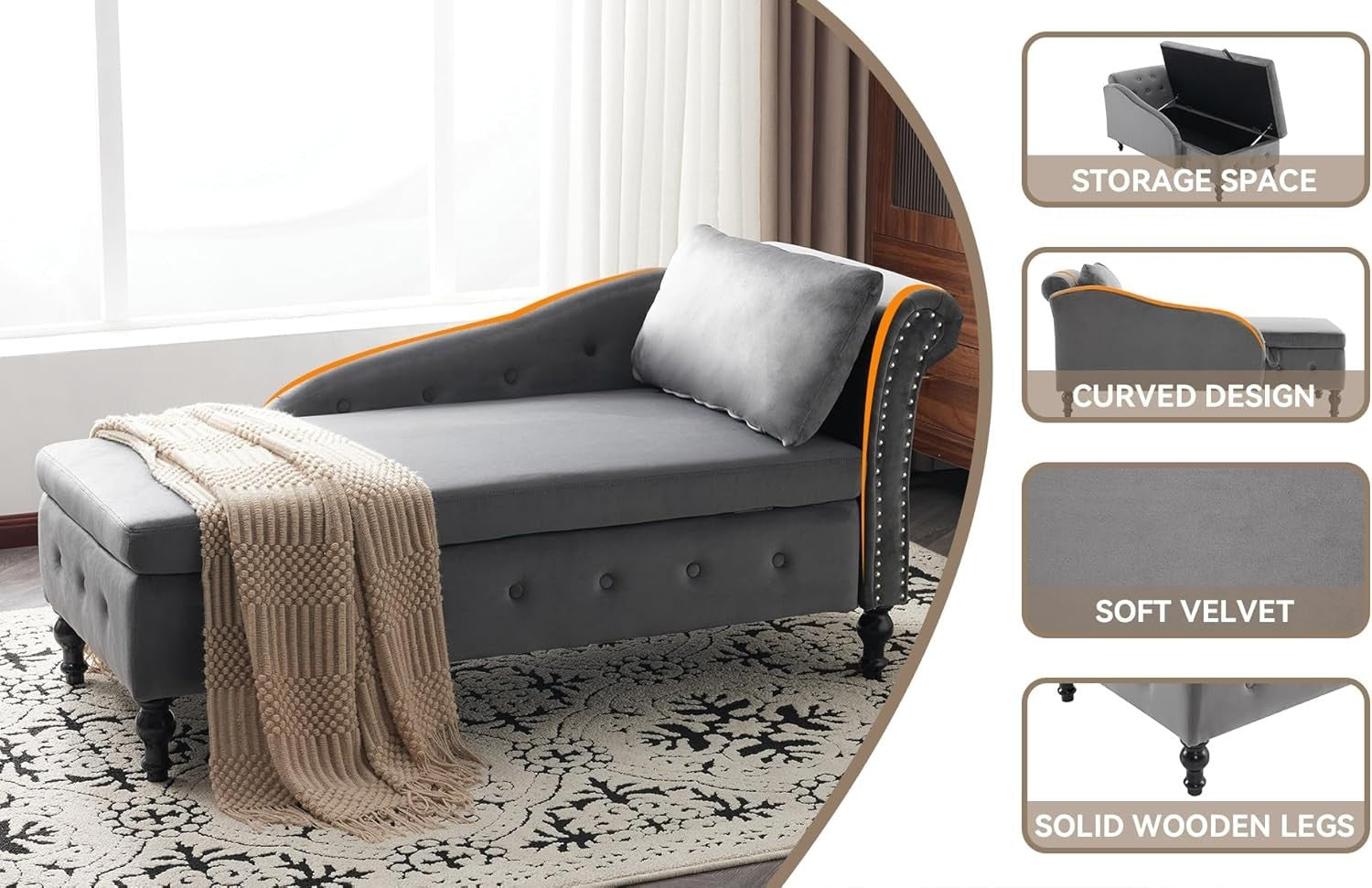 Ergonomic Chaise Lounge Sofa with Storage Velvet Upholstery Grey Beige