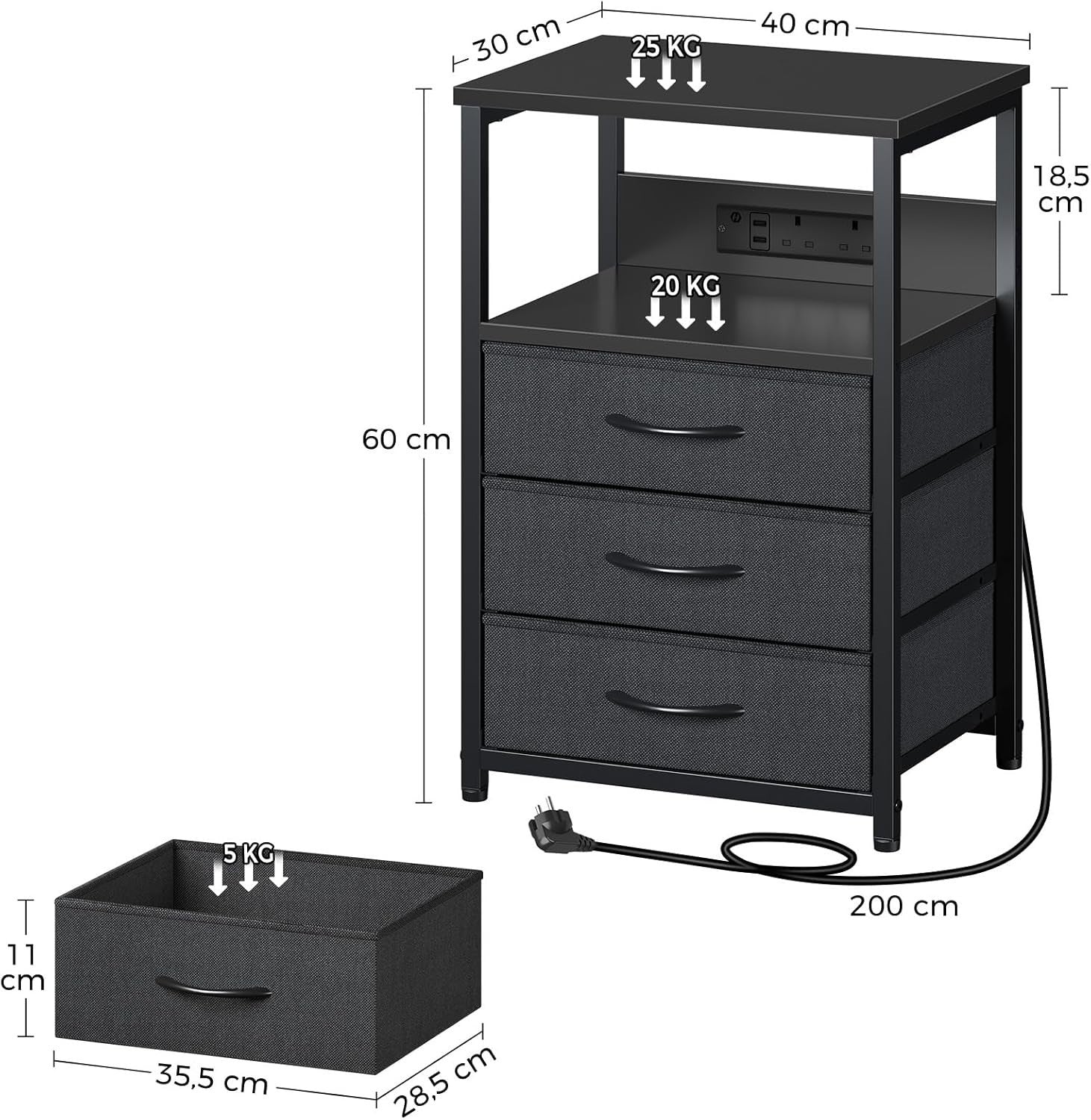 Set of 2 Black LED Bedside Tables with USB Charging | 3-Drawer Nightstands