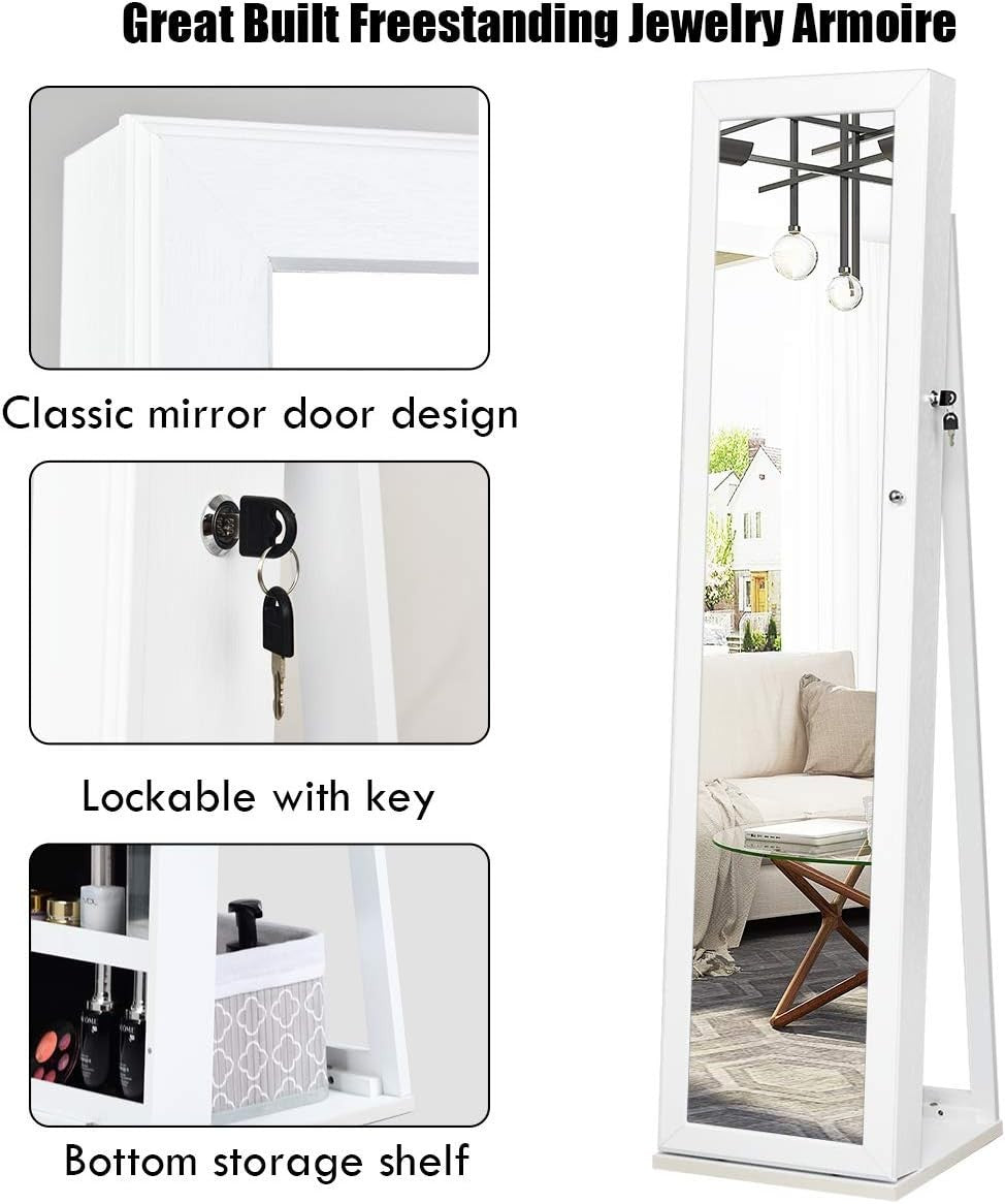 White Lockable Jewelry Cabinet Mirror 3-in-1 Freestanding Storage