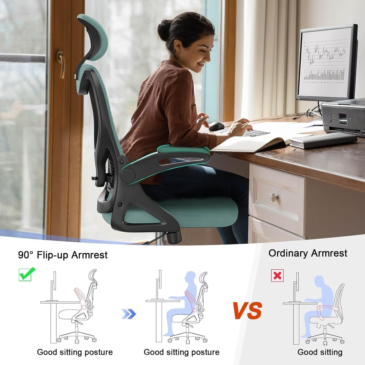 Ergonomic Mesh Office Chair Lumbar Support High Back Flip Armrests Mint Green