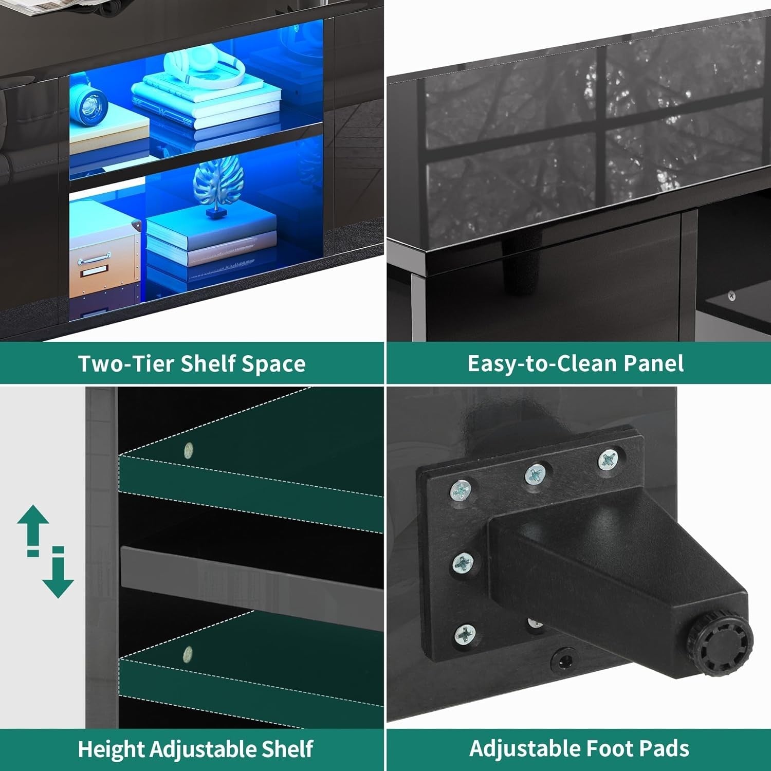 Black High Gloss LED Coffee Table with Adjustable Storage, 97.5x48cm