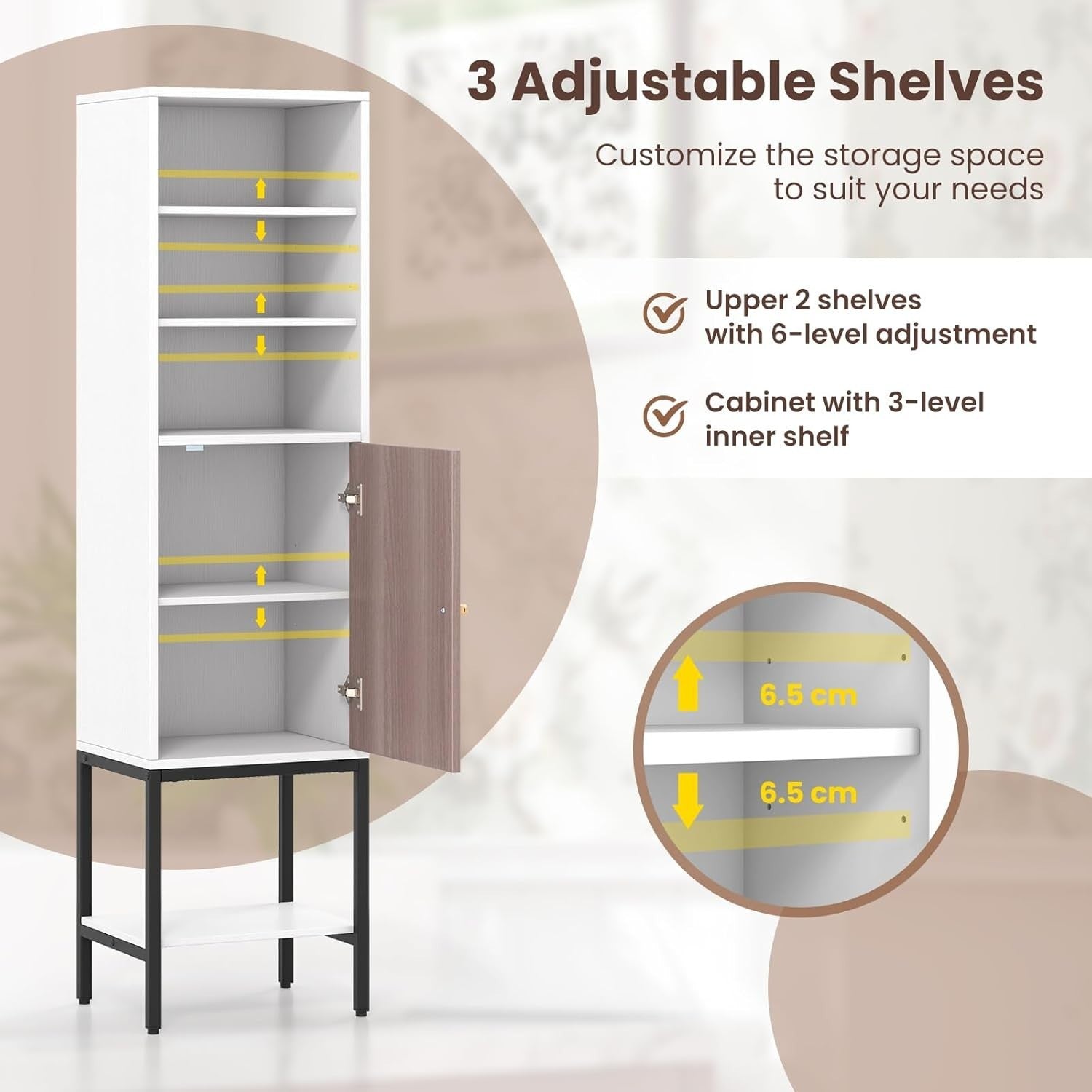 146cm Tall Wooden Storage Cabinet White Adjustable Shelves Slim Cupboard