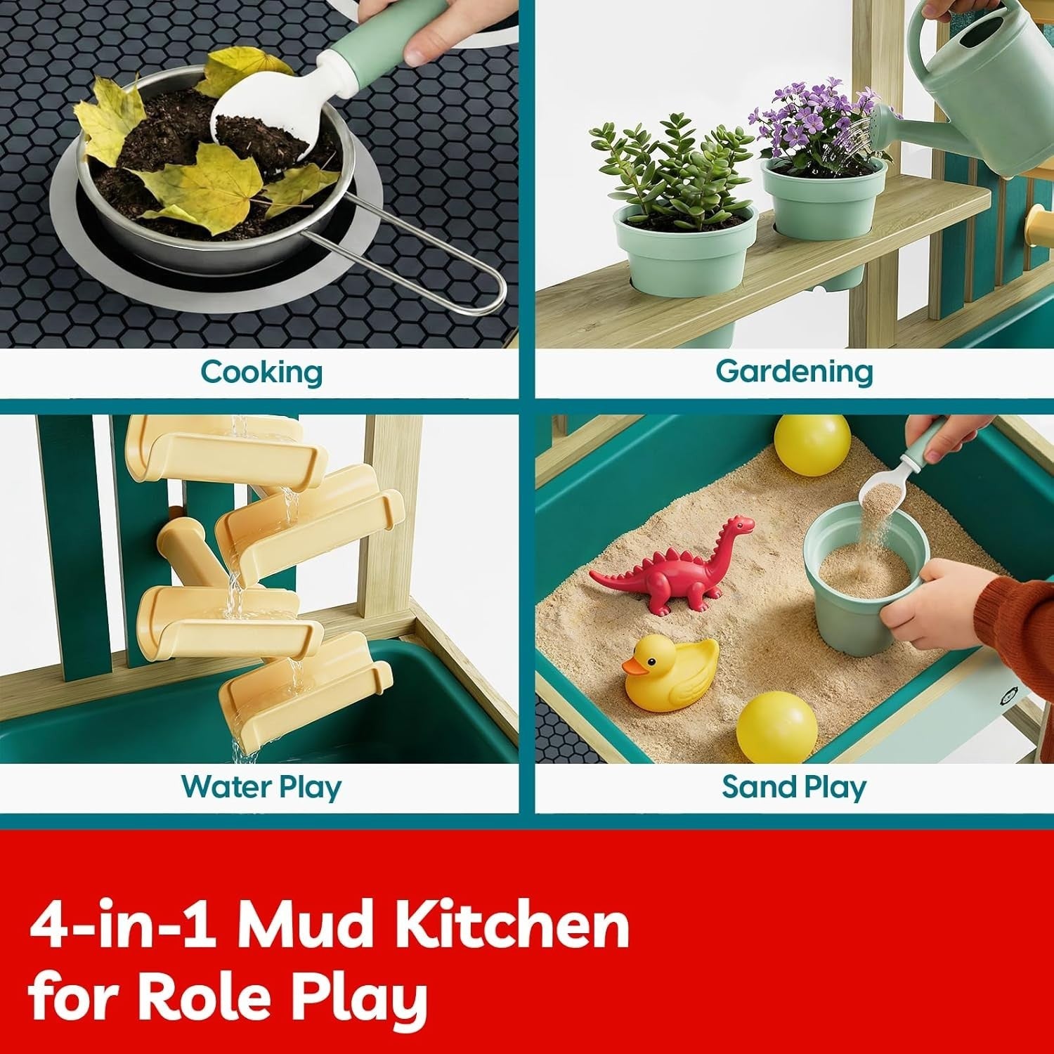 Outdoor Mud Kitchen for Kids Wooden Playset w/ Sink Faucet