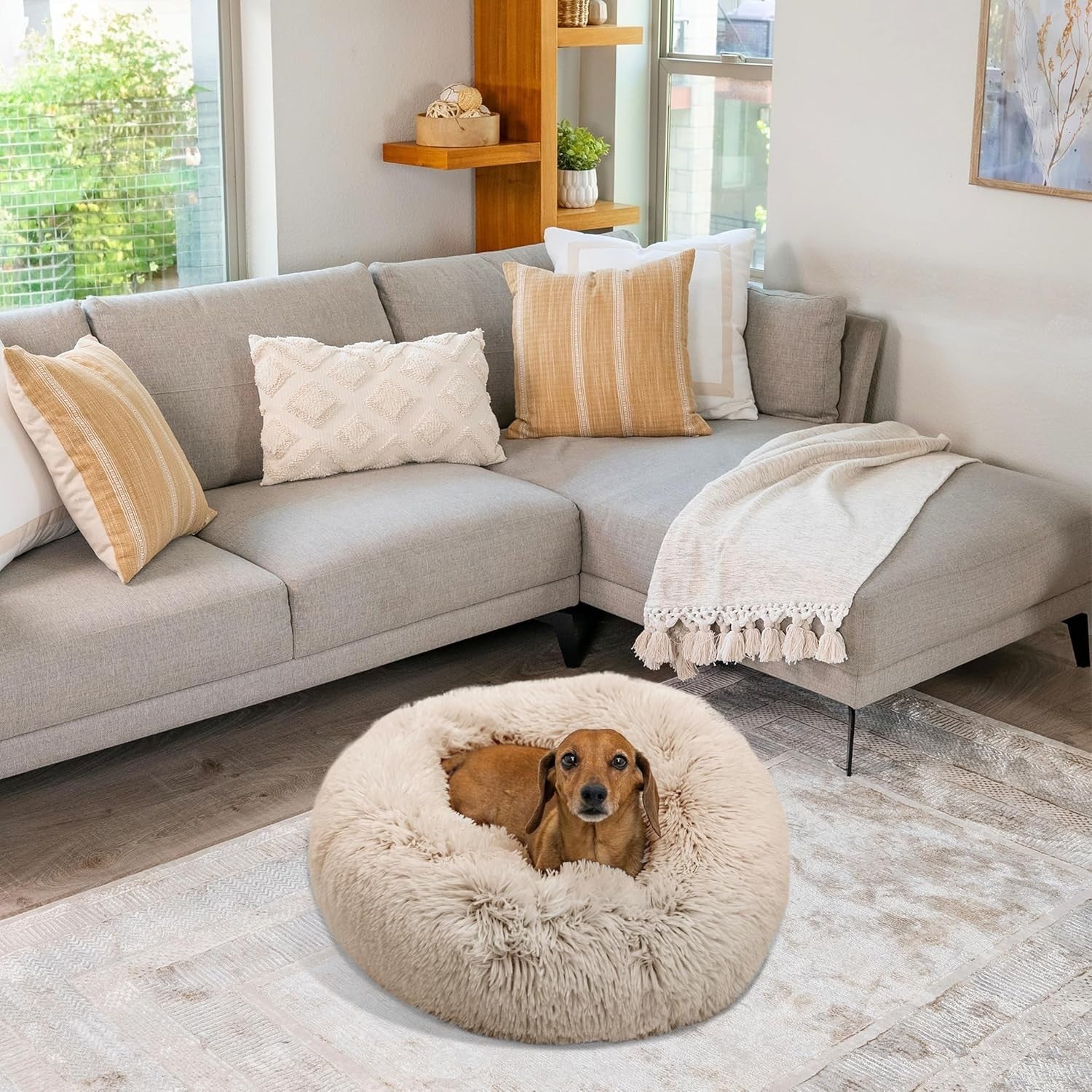Calming Donut Dog Bed 23x23 Taupe Shag Fur Small