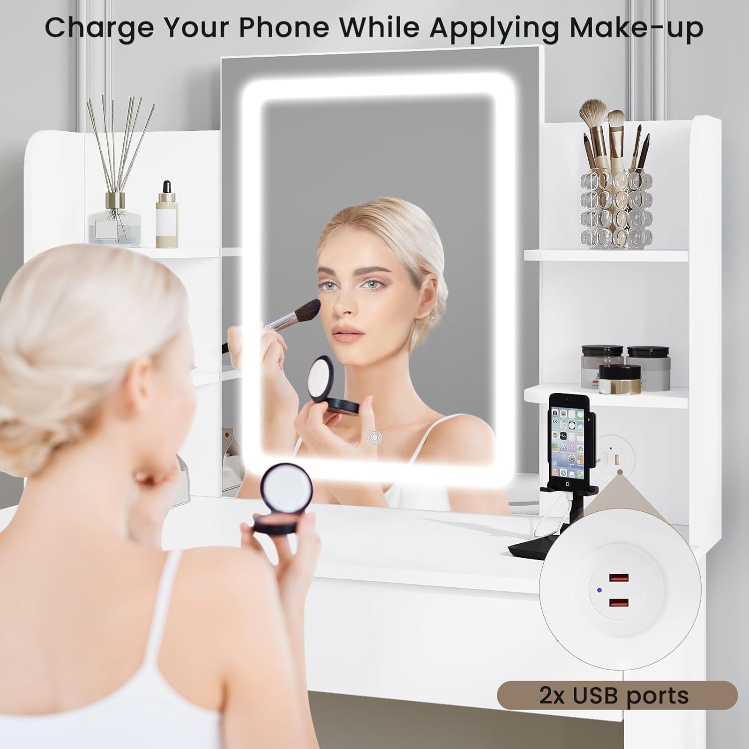 White Vanity Dressing Table Set LED Mirror Glass Top Charging Station 5 Drawers